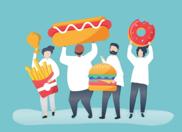A graphic image of 4 people holding huge pieces of fast food - hotdog, doughnuts etc | Herb Fed Poultry