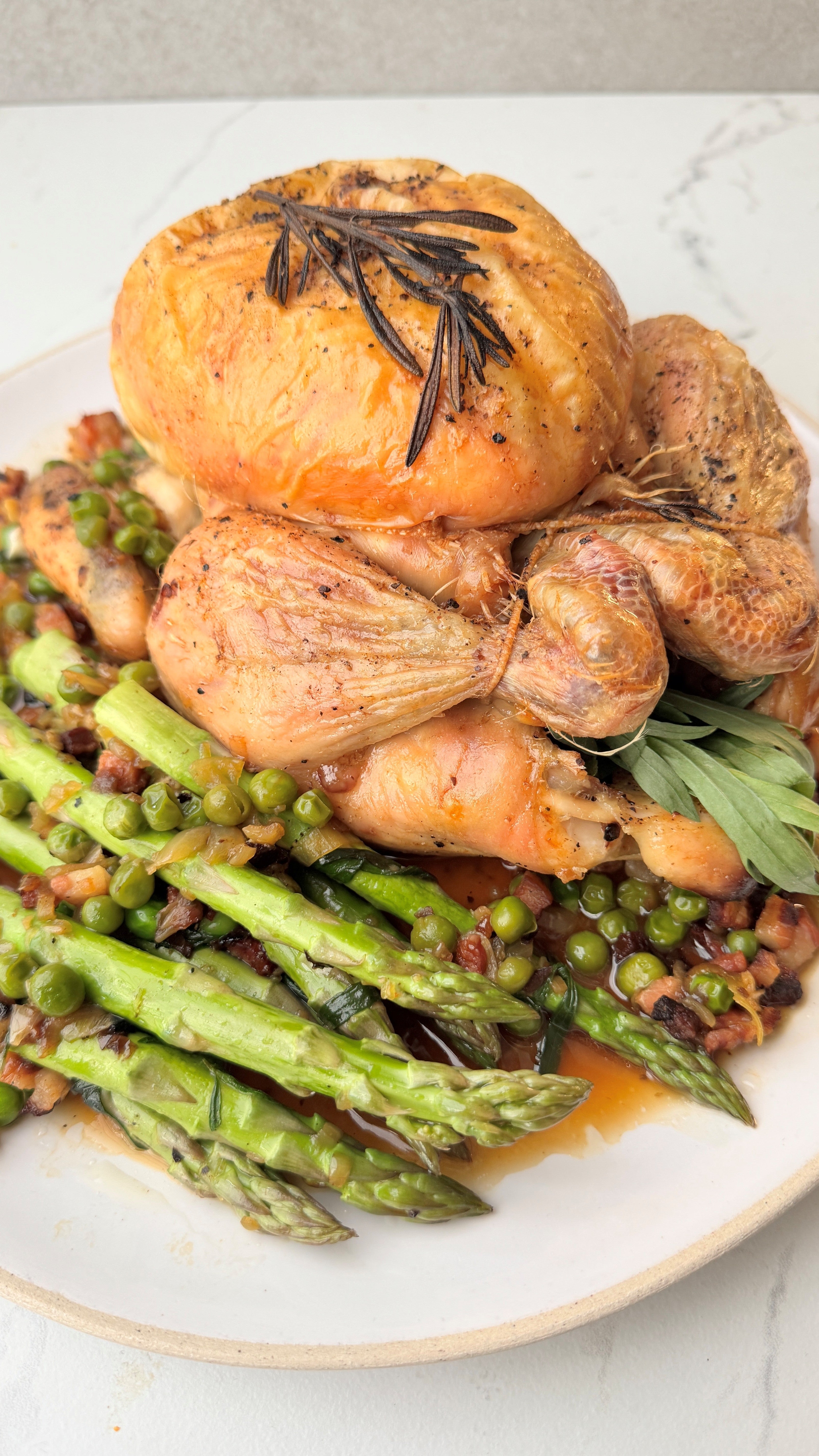 Roasted chicken Italian pancetta and seasonal asparagus
