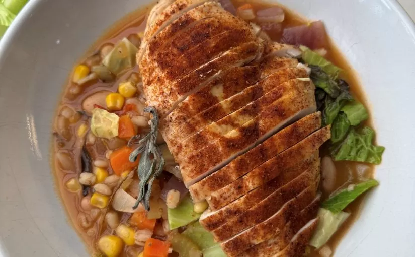 All the veggies, pearl & cannellini bean broth Topped with Shawarma Seasoned Chicken