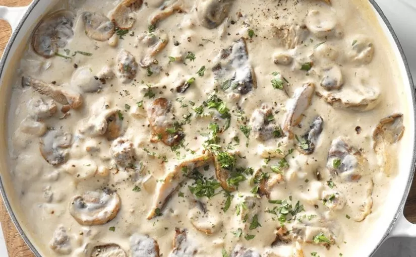 A dish of creamy turkey stroganoff with mushrooms and herbs | Herb Fed Poultry