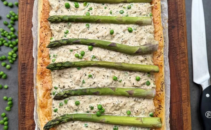A chicken filled tart with seasonal asparagus in a golden puff pastry case | Herb Fed Poultry